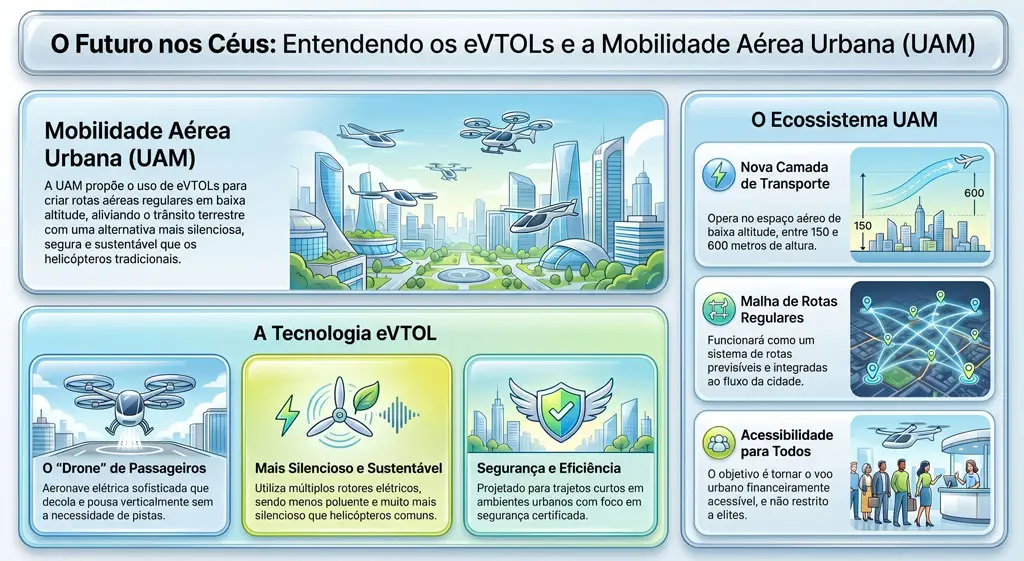 Infográfico ilustrado especificando o entendimento do que é o eVTOL, a Tecnologia em questão e o ecossistema em construção.