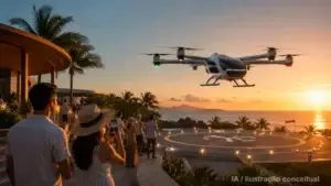 imagem ilustrativa pessoas observando evtol por do sol resort