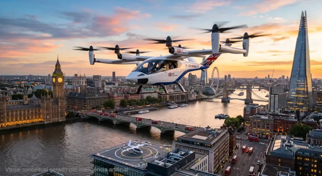 ilustração de um evtol sobrevoando londres gerado por ia