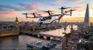 ilustração de um evtol sobrevoando londres gerado por ia