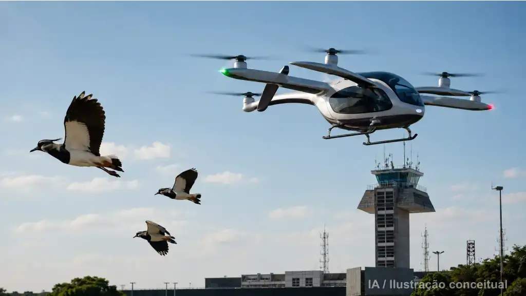 Imagem virtual representando evtol compartilhando o espaço com os pássaros.