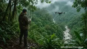 Imagem ilustrativa conceitual de homem em floresta tropical pilotando drone