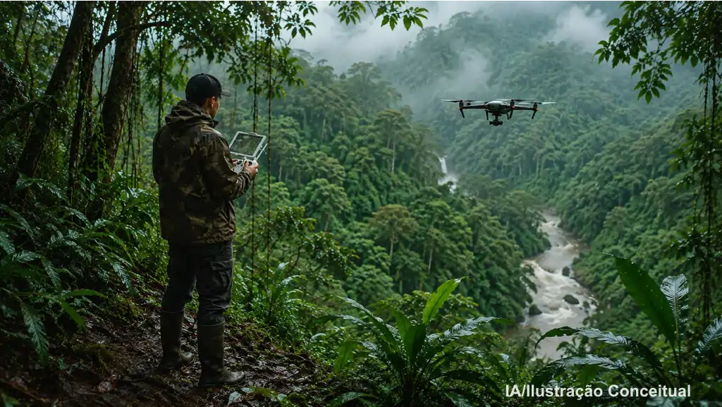 Imagem ilustrativa conceitual de homem em floresta tropical pilotando drone